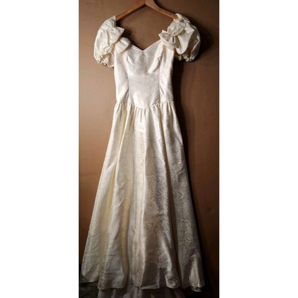 Vintage 80s 90s Satin Wedding Gown with Cathedral Train Romantic Brocade Floral - Picture 4 of 16
